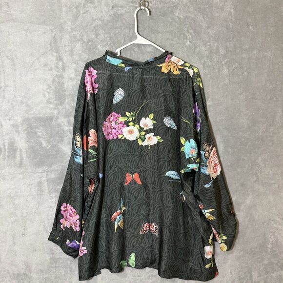 Johnny Was Top Plus 2X Blooming  100% Silk Floral Semisheer Roll Tab Sleeve READ - Picture 3 of 13